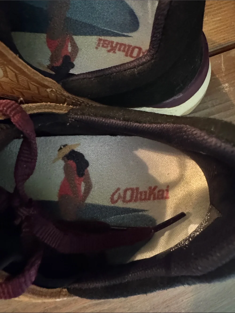 OluKai Black and Tan Sneakers with Burgundy Laces size 7